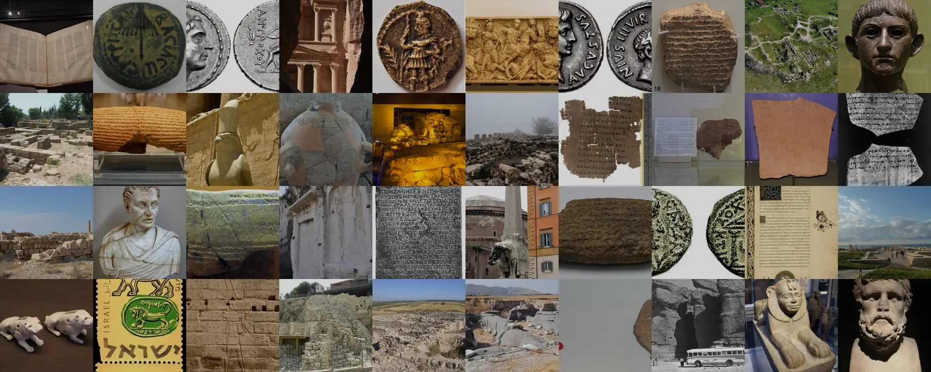 A collage of real biblical archaeology — artifacts, inscriptions, coins, and manuscripts