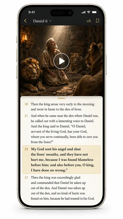 The Linked Bible app playing a video for Daniel 6 above the chapter text